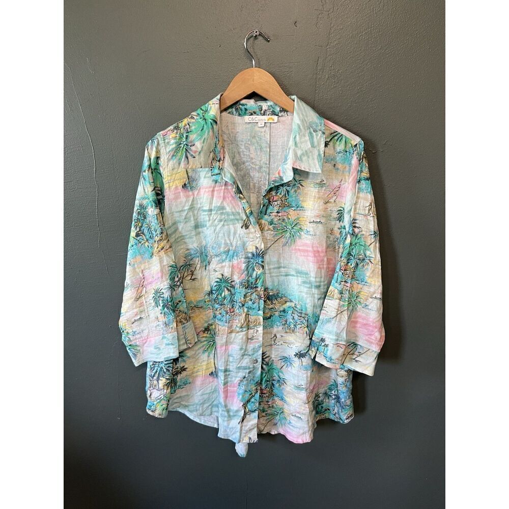 C & C California Womens Multicolor Long Sleeve Beach Graphic Linen Shirt Size 1X